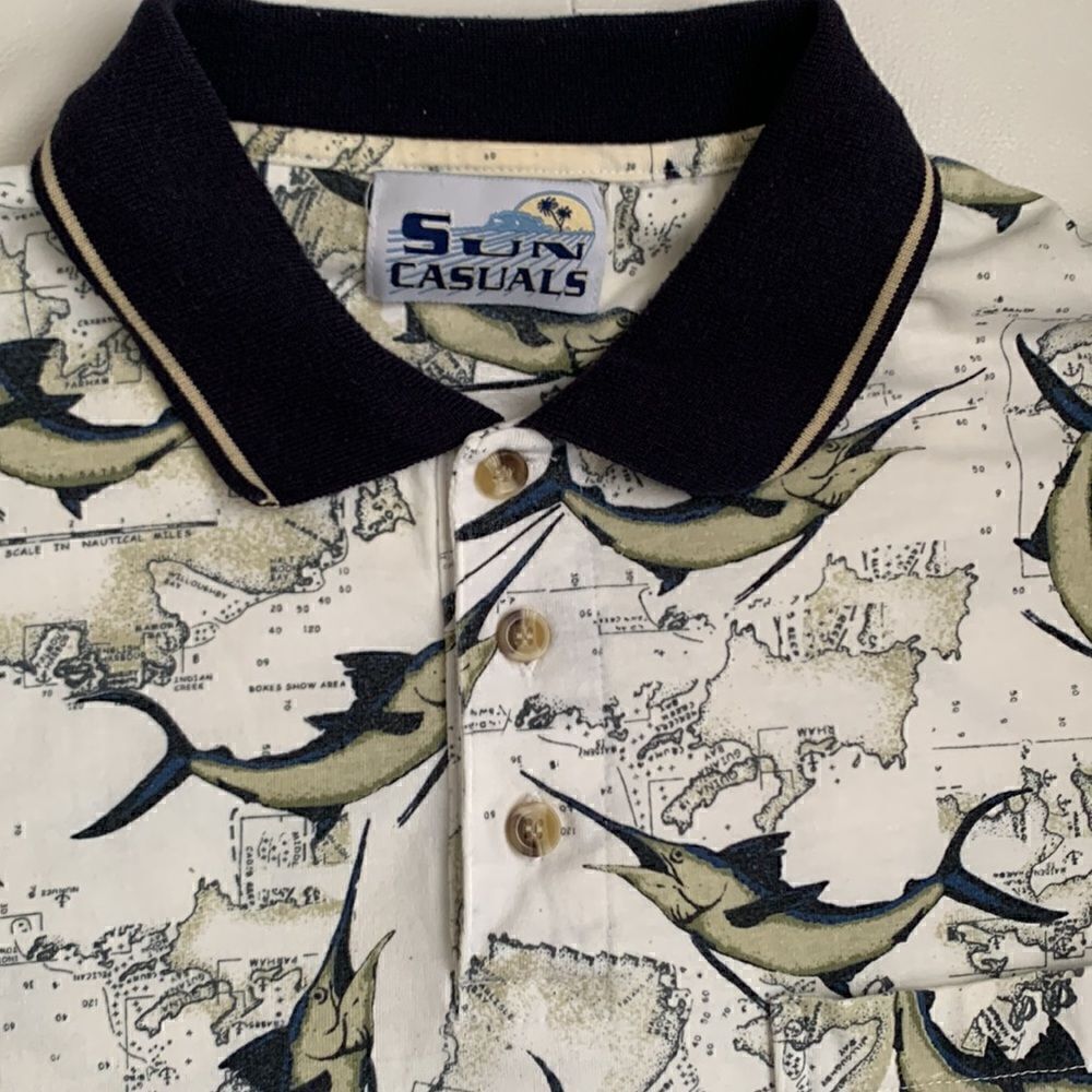 Sun Casuals Vintage Polo Short Sleeve Fishing Print Men’s Shirt Size L